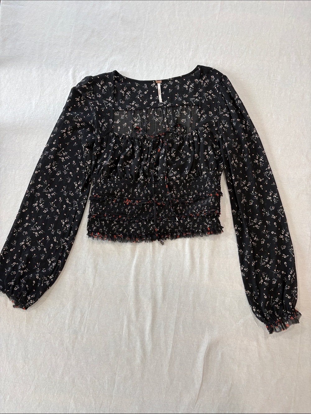 Free People Black Floral Smocked Long-Sleeve Crop Blouse